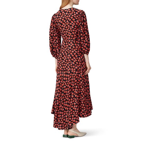 GANNI Red Black Floral Wrap Puff Sleeves V-Neckline Midi Dress size 36 - Picture 5 of 16